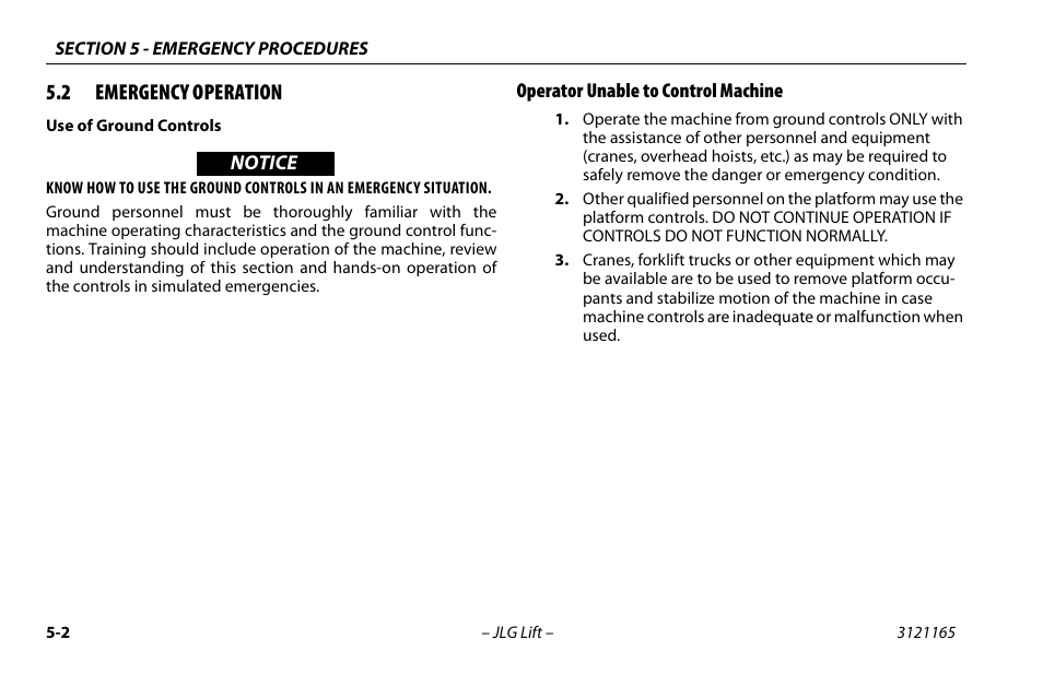 2 emergency operation, Operator unable to control machine, Emergency operation -2 | Operator unable to control machine -2 | JLG 3246ES Operator Manual User Manual | Page 90 / 114