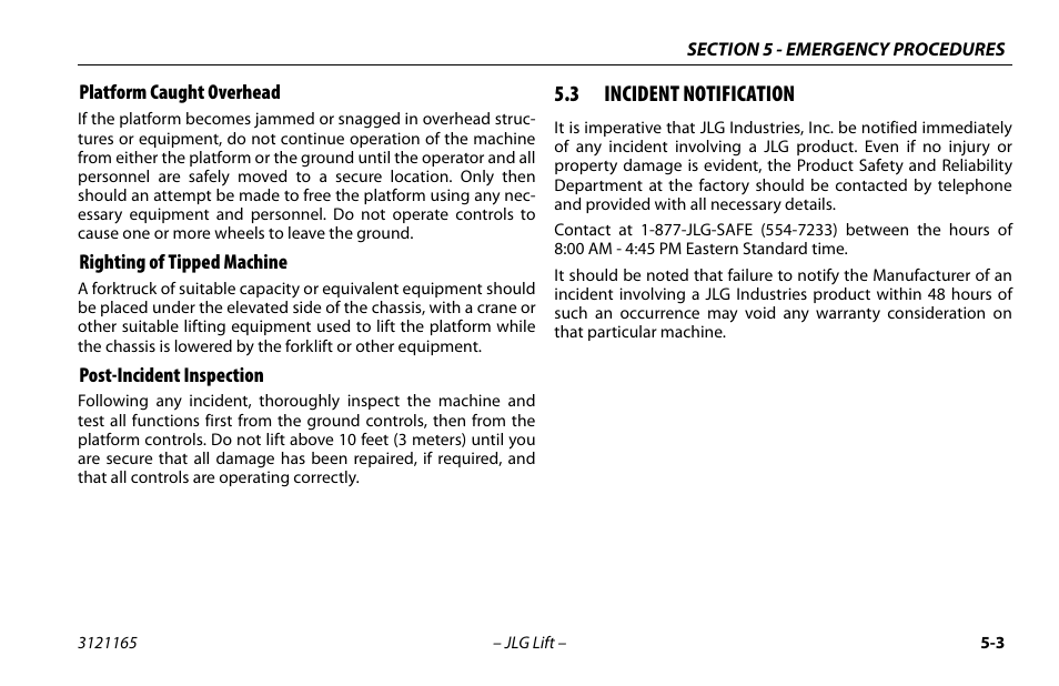 Platform caught overhead, Righting of tipped machine, Post-incident inspection | 3 incident notification, Incident notification -3 | JLG 3246ES Operator Manual User Manual | Page 91 / 114
