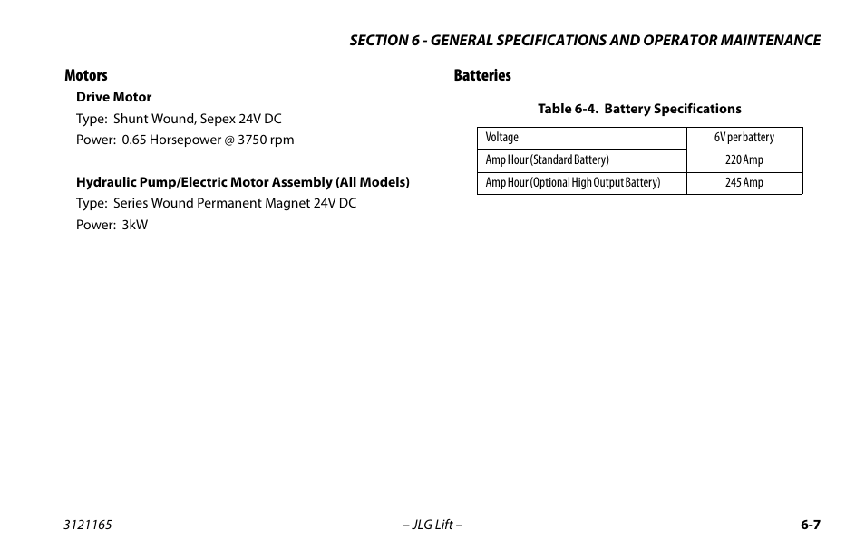 Motors, Batteries, Motors -7 batteries -7 | Battery specifications -7 | JLG 3246ES Operator Manual User Manual | Page 99 / 114