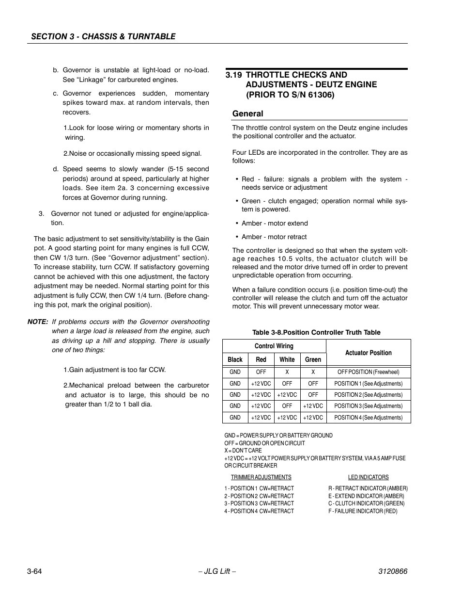 General, General -64, Position controller truth table -64 | JLG 601S Service Manual User Manual | Page 104 / 240