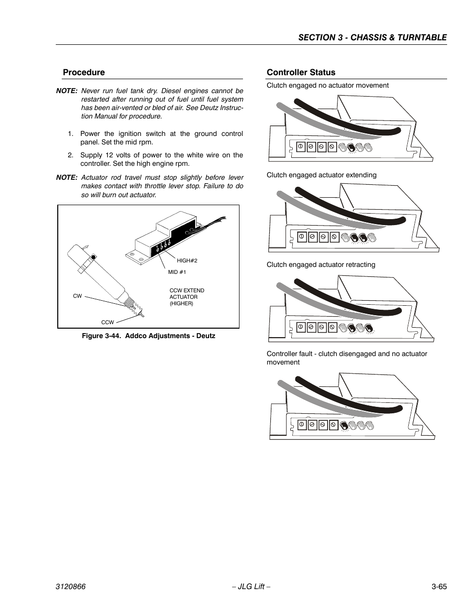 Procedure, Controller status, Procedure -65 controller status -65 | Addco adjustments - deutz -65 | JLG 601S Service Manual User Manual | Page 105 / 240