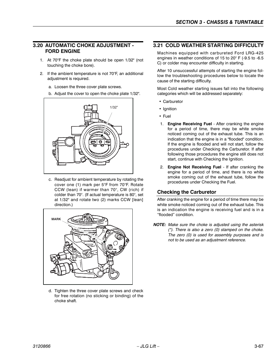 20 automatic choke adjustment - ford engine, 21 cold weather starting difficulty, Checking the carburetor | Automatic choke adjustment - ford engine -67, Cold weather starting difficulty -67, Checking the carburetor -67 | JLG 601S Service Manual User Manual | Page 107 / 240