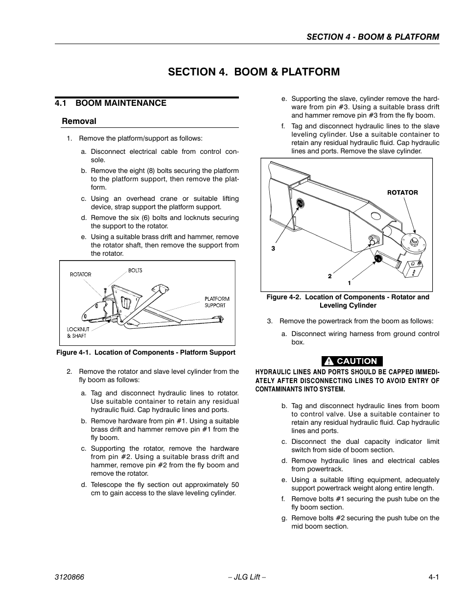 Section 4. boom & platform, 1 boom maintenance, Removal | Section 4 - boom & platform, Boom maintenance -1, Removal -1, Location of components - platform support -1 | JLG 601S Service Manual User Manual | Page 131 / 240