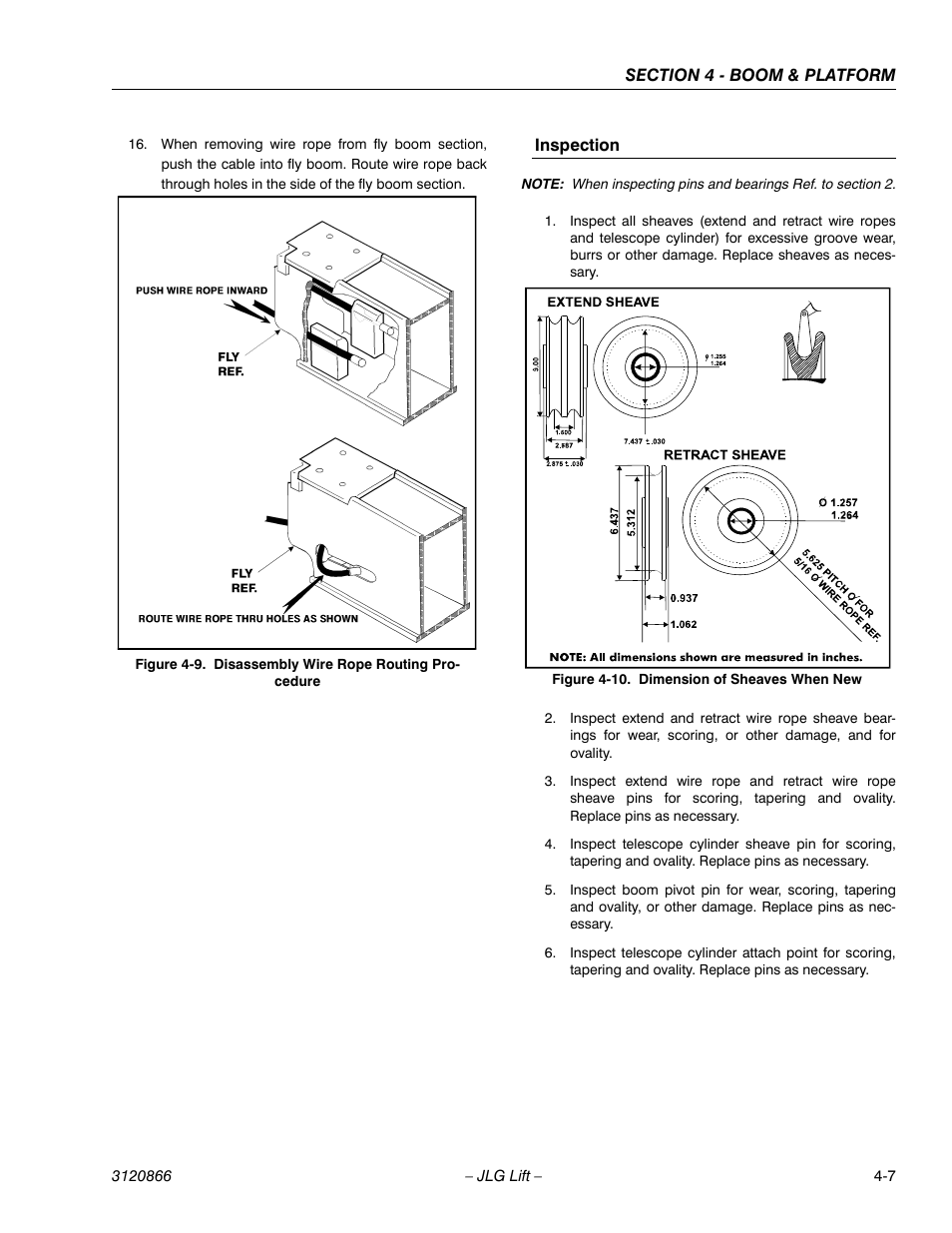 Inspection, Inspection -7, Disassembly wire rope routing procedure -7 | Dimension of sheaves when new -7 | JLG 601S Service Manual User Manual | Page 137 / 240