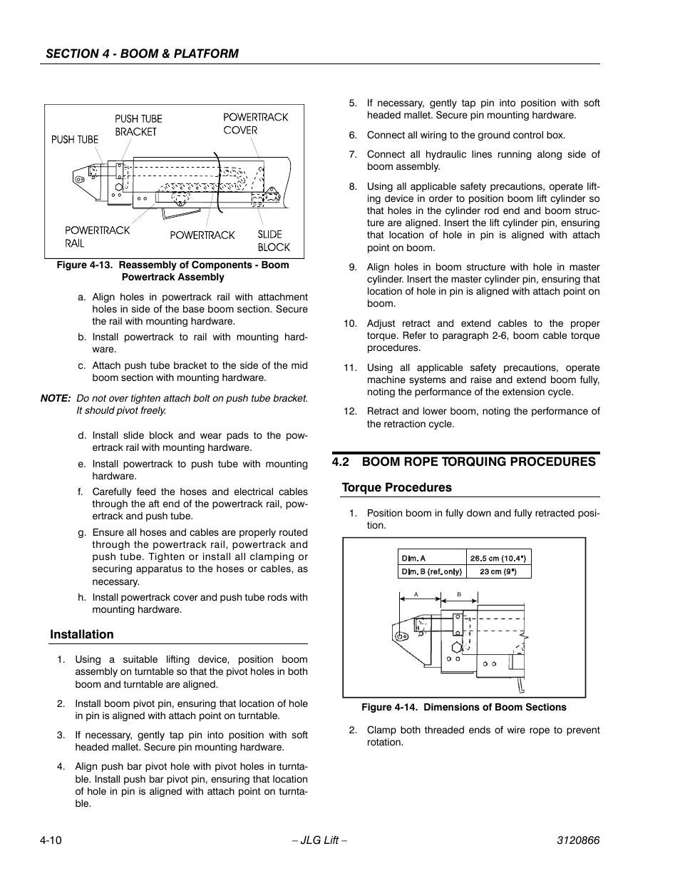 Installation, 2 boom rope torquing procedures, Torque procedures | Installation -10, Boom rope torquing procedures -10, Torque procedures -10, Dimensions of boom sections -10 | JLG 601S Service Manual User Manual | Page 140 / 240