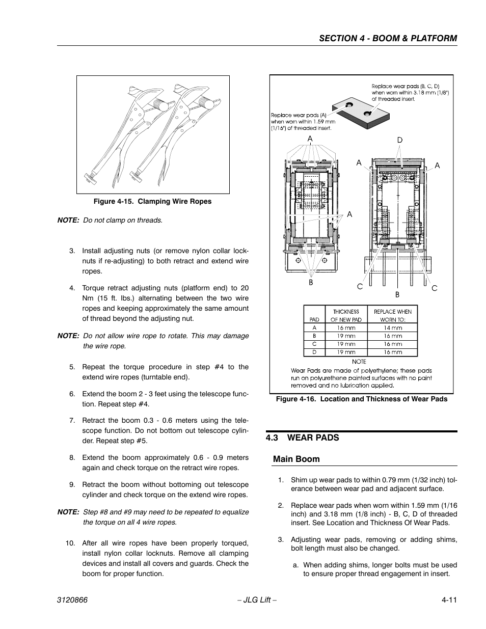 3 wear pads, Main boom, Wear pads -11 | Main boom -11, Clamping wire ropes -11, Location and thickness of wear pads -11 | JLG 601S Service Manual User Manual | Page 141 / 240