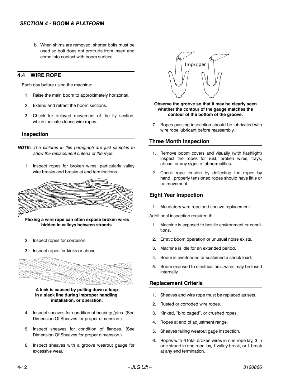 4 wire rope, Inspection, Three month inspection | Eight year inspection, Replacement criteria, Wire rope -12 | JLG 601S Service Manual User Manual | Page 142 / 240