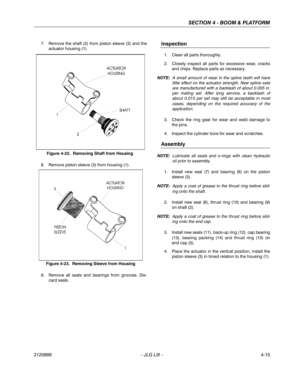 Inspection, Assembly, Inspection -15 assembly -15 | Removing shaft from housing -15, Removing sleeve from housing -15 | JLG 601S Service Manual User Manual | Page 145 / 240