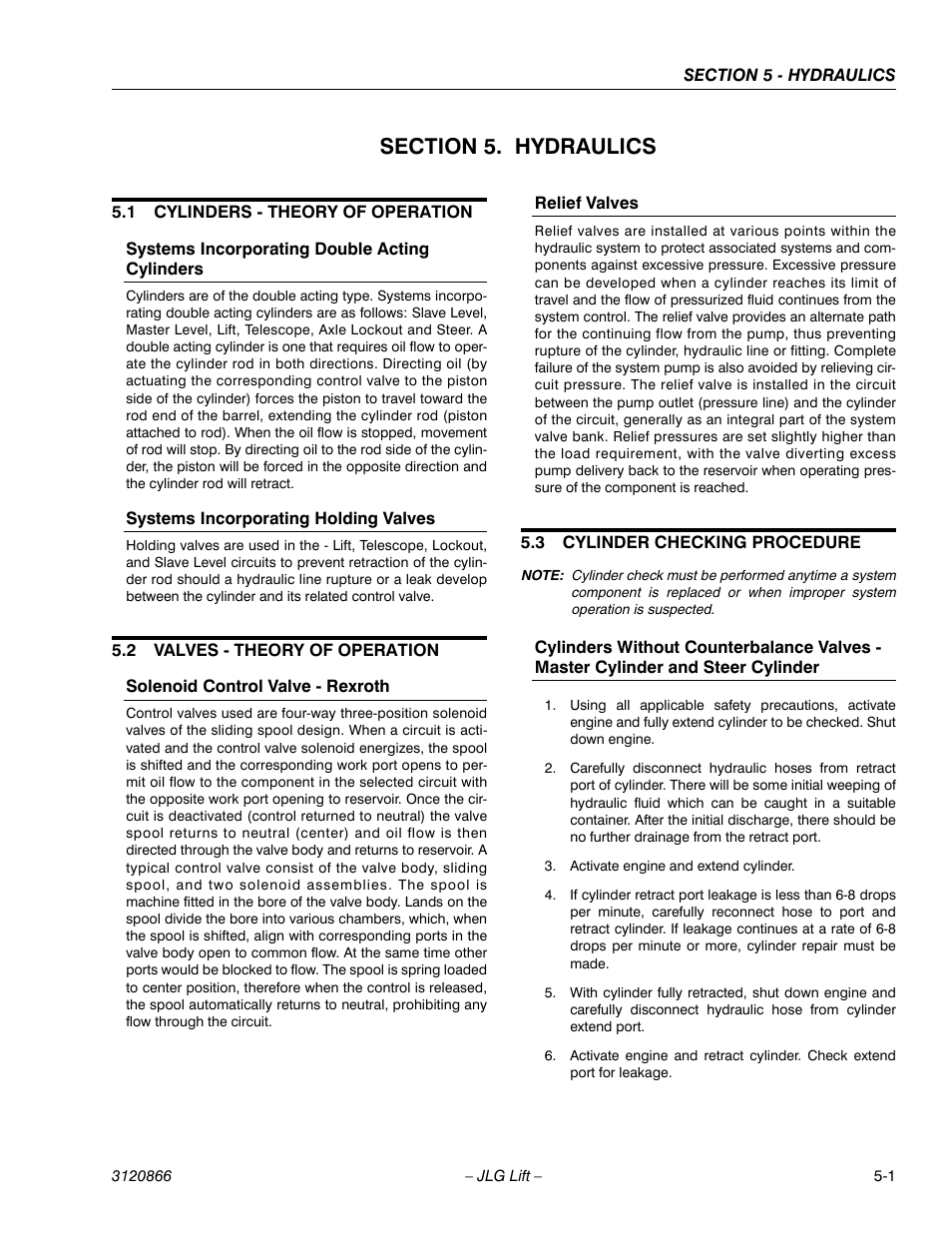 Section 5. hydraulics, 1 cylinders - theory of operation, Systems incorporating double acting cylinders | Systems incorporating holding valves, 2 valves - theory of operation, Solenoid control valve - rexroth, Relief valves, 3 cylinder checking procedure, Section 5 - hydraulics, Cylinders - theory of operation -1 | JLG 601S Service Manual User Manual | Page 151 / 240