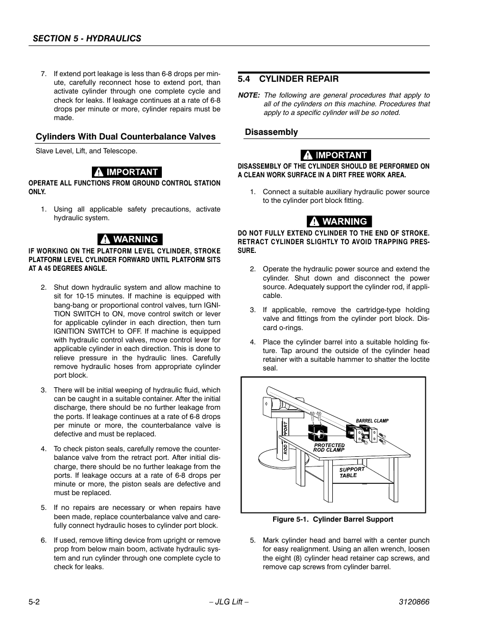 Cylinders with dual counterbalance valves, 4 cylinder repair, Disassembly | Cylinders with dual counterbalance valves -2, Table, Disassembly -2, Cylinder barrel support -2 | JLG 601S Service Manual User Manual | Page 152 / 240