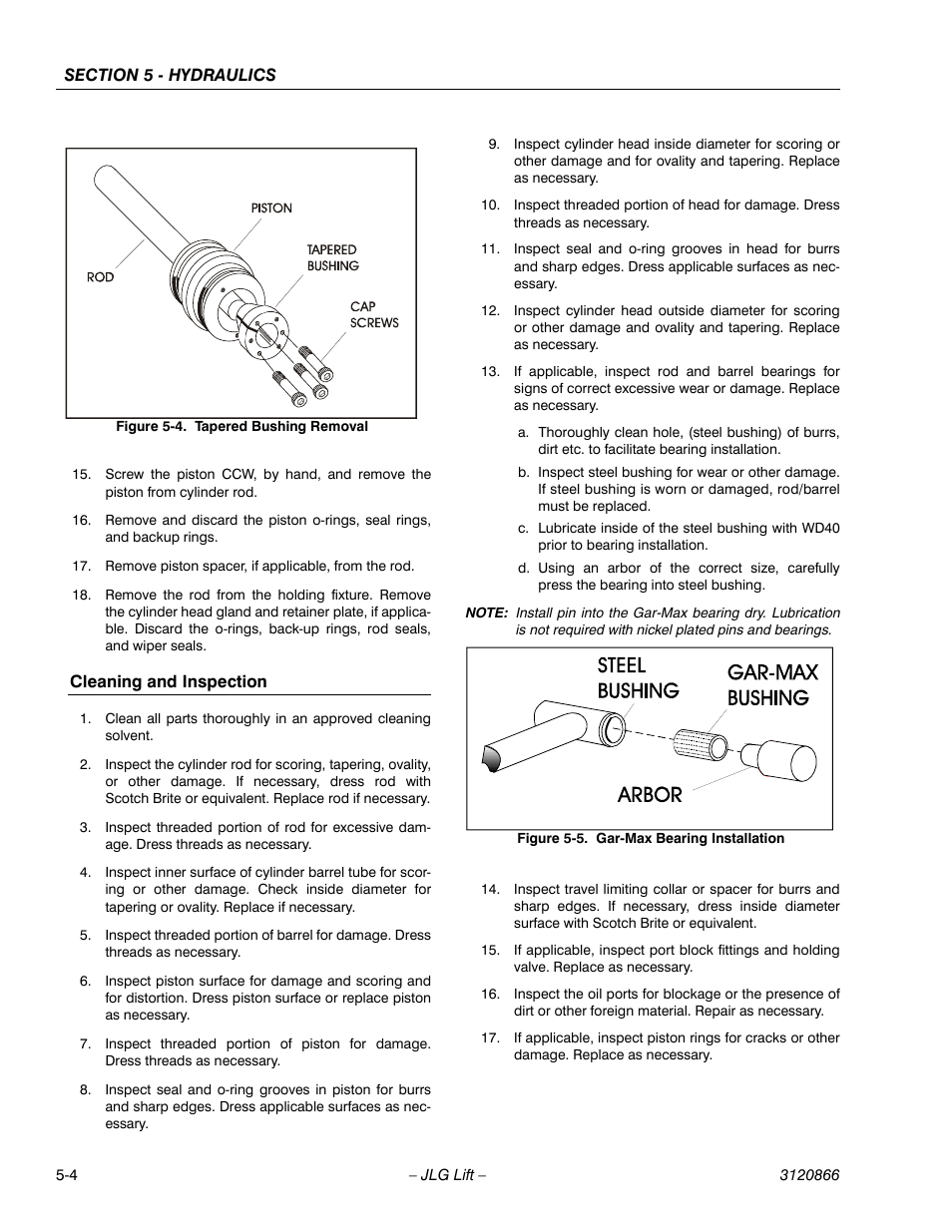 Cleaning and inspection, Cleaning and inspection -4, Tapered bushing removal -4 | Gar-max bearing installation -4 | JLG 601S Service Manual User Manual | Page 154 / 240