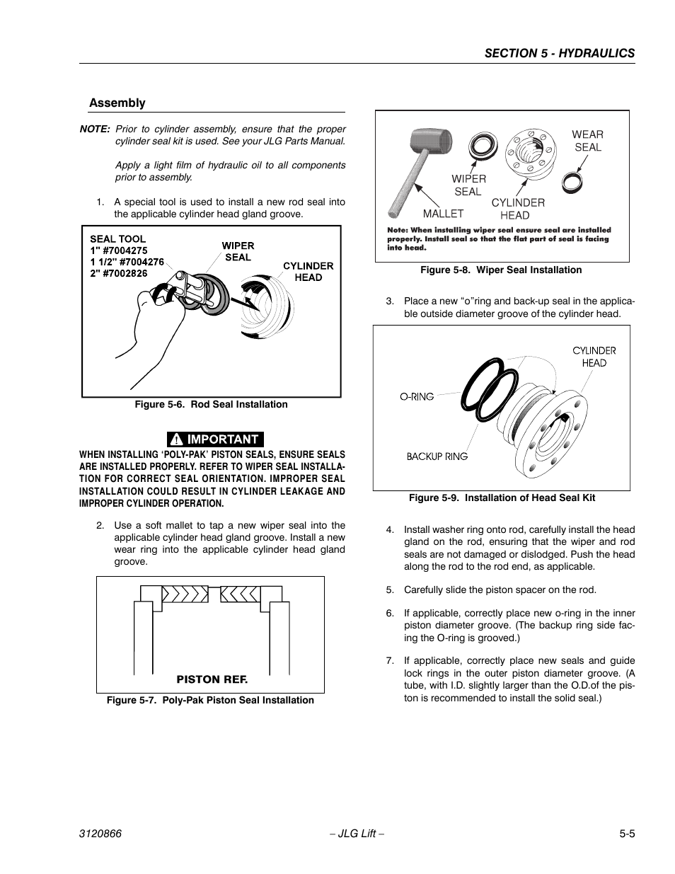 Assembly, Assembly -5, Rod seal installation -5 | Poly-pak piston seal installation -5, Wiper seal installation -5, Installation of head seal kit -5 | JLG 601S Service Manual User Manual | Page 155 / 240