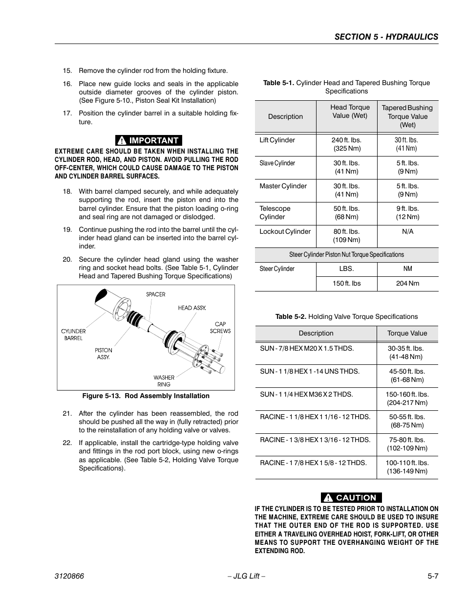 Rod assembly installation -7, Holding valve torque specifications -7, Table 5-1, cylinder | Head and tapered bushing torque specifications) | JLG 601S Service Manual User Manual | Page 157 / 240