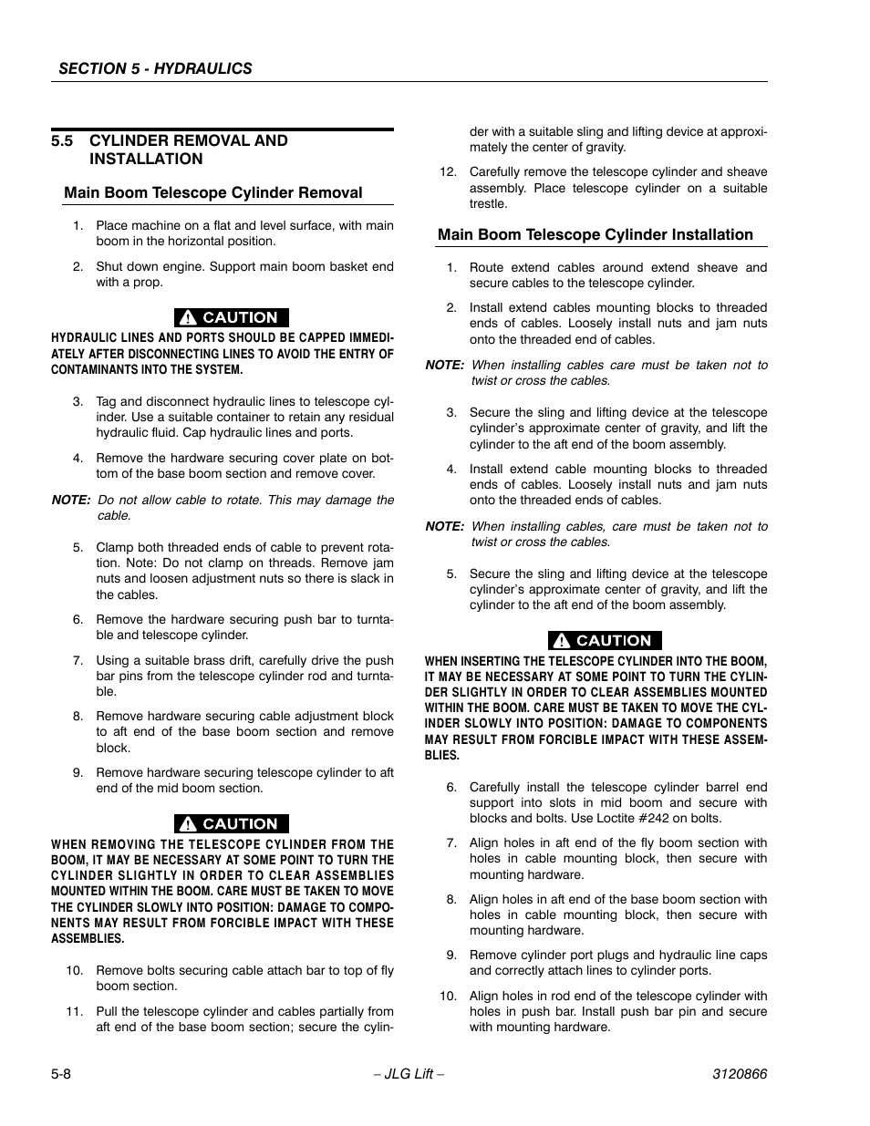 5 cylinder removal and installation, Main boom telescope cylinder removal, Main boom telescope cylinder installation | Cylinder removal and installation -8 | JLG 601S Service Manual User Manual | Page 158 / 240