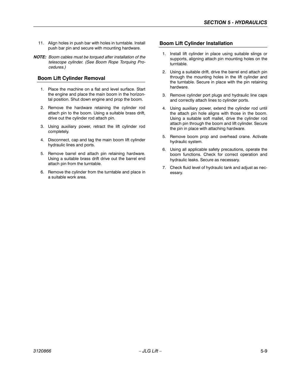 Boom lift cylinder removal, Boom lift cylinder installation | JLG 601S Service Manual User Manual | Page 159 / 240