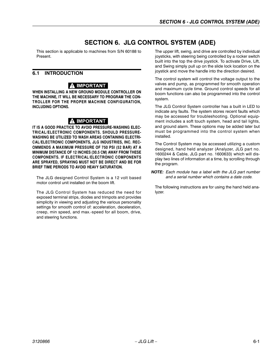 Section 6. jlg control system (ade), 1 introduction, Section 6 - jlg control system (ade) | Introduction -1 | JLG 601S Service Manual User Manual | Page 177 / 240