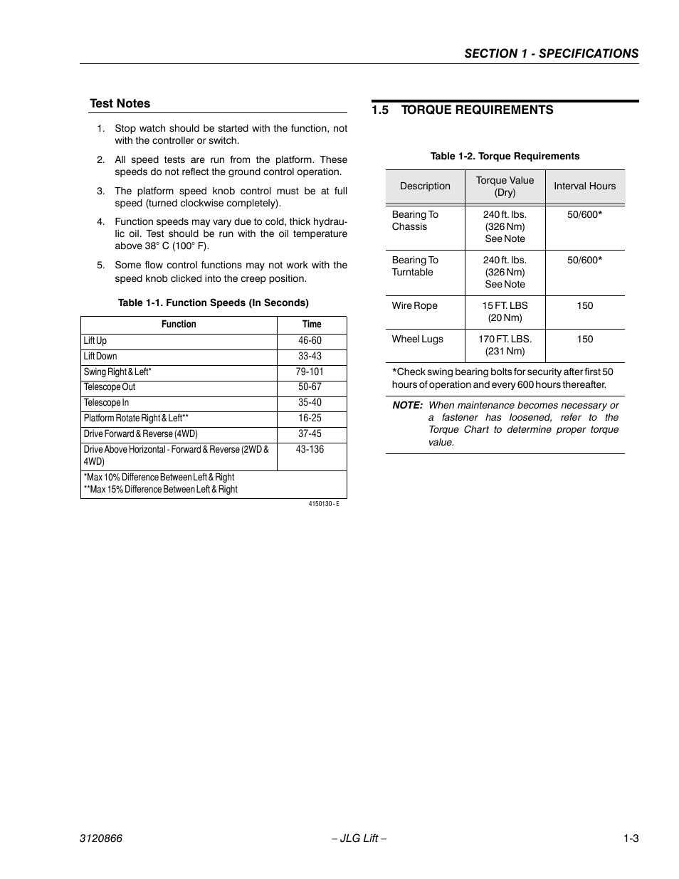 Test notes, 5 torque requirements, Test notes -3 | Torque requirements -3, Function speeds (in seconds) -3 | JLG 601S Service Manual User Manual | Page 19 / 240