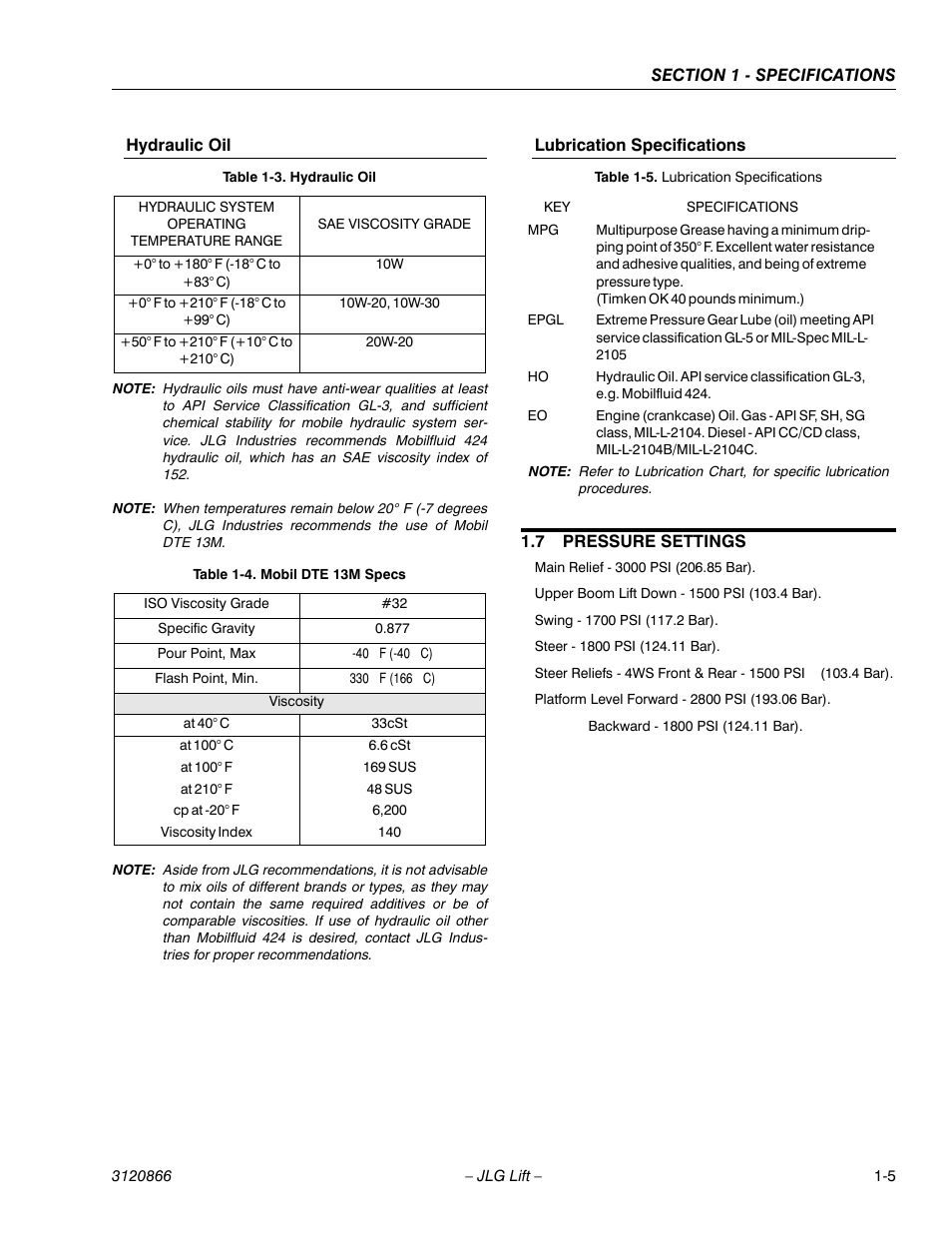 Hydraulic oil, Lubrication specifications, 7 pressure settings | Hydraulic oil -5 lubrication specifications -5, Pressure settings -5, Hydraulic oil -5, Mobil dte 13m specs -5, Lubrication specifications -5 | JLG 601S Service Manual User Manual | Page 21 / 240