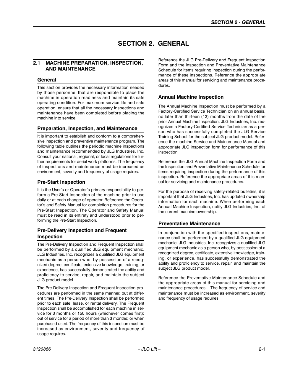 Section 2. general, 1 machine preparation, inspection, and maintenance, General | Preparation, inspection, and maintenance, Pre-start inspection, Pre-delivery inspection and frequent inspection, Annual machine inspection, Preventative maintenance, Section 2 - general | JLG 601S Service Manual User Manual | Page 27 / 240