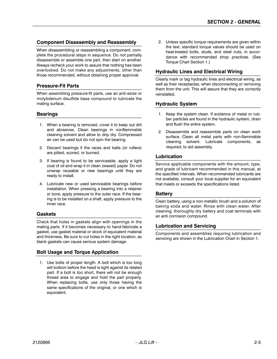 Component disassembly and reassembly, Pressure-fit parts, Bearings | Gaskets, Bolt usage and torque application, Hydraulic lines and electrical wiring, Hydraulic system, Lubrication, Battery, Lubrication and servicing | JLG 601S Service Manual User Manual | Page 29 / 240