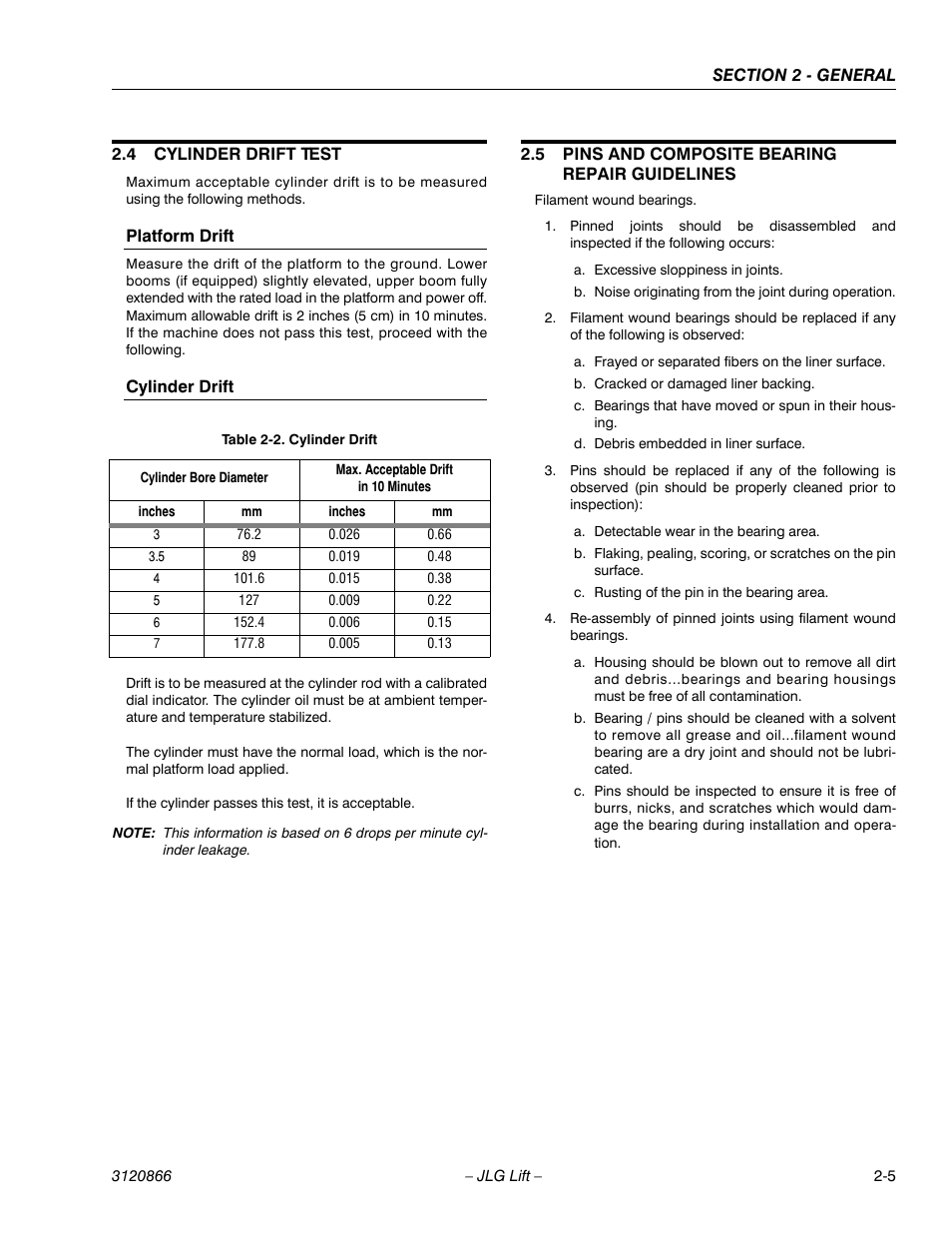 4 cylinder drift test, Platform drift, Cylinder drift | 5 pins and composite bearing repair guidelines, Cylinder drift test -5, Platform drift -5 cylinder drift -5, Pins and composite bearing repair guidelines -5, Cylinder drift -5 | JLG 601S Service Manual User Manual | Page 31 / 240
