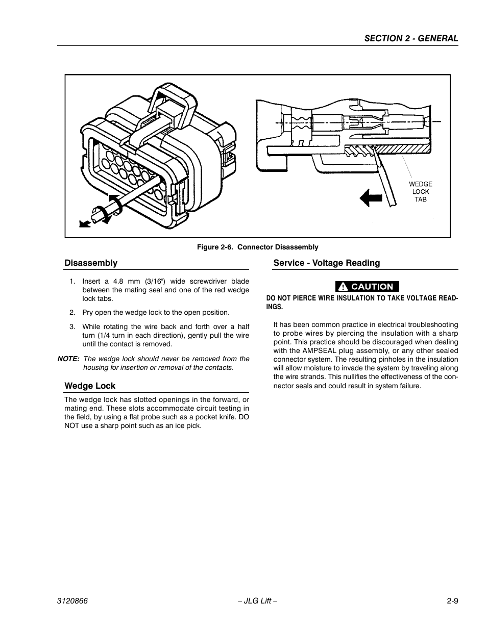 Disassembly, Wedge lock, Service - voltage reading | Connector disassembly -9 | JLG 601S Service Manual User Manual | Page 35 / 240