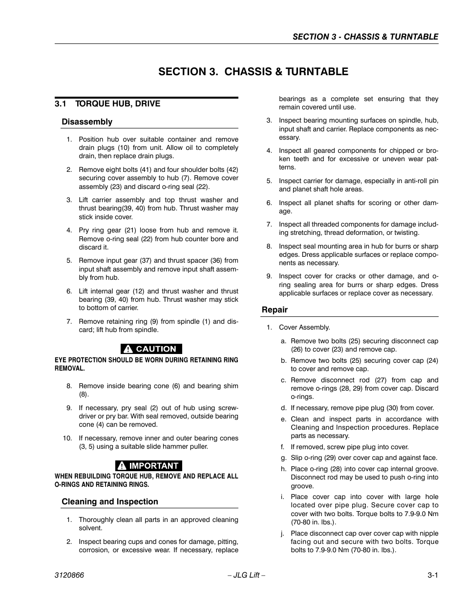 Section 3. chassis & turntable, 1 torque hub, drive, Disassembly | Cleaning and inspection, Repair, Section 3 - chassis & turntable, Torque hub, drive -1 | JLG 601S Service Manual User Manual | Page 41 / 240