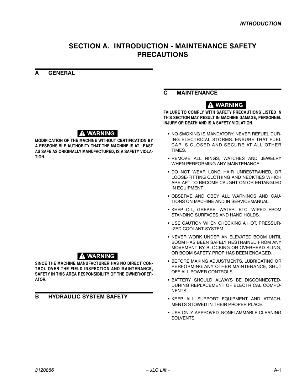 A general, B hydraulic system safety, C maintenance | JLG 601S Service Manual User Manual | Page 5 / 240