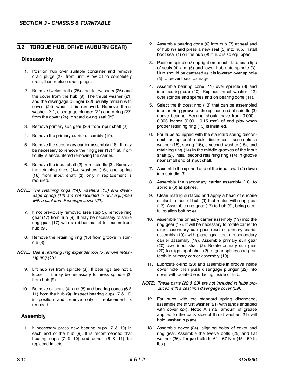 2 torque hub, drive (auburn gear), Disassembly, Assembly | Torque hub, drive (auburn gear) -10, Disassembly -10 assembly -10 | JLG 601S Service Manual User Manual | Page 50 / 240
