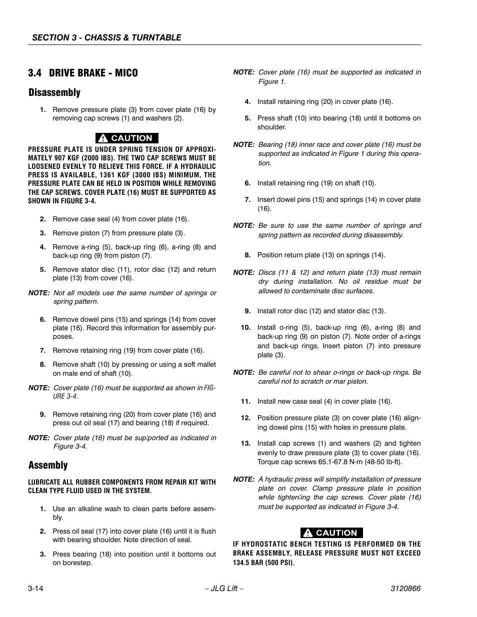 4 drive brake - mico, Disassembly, Assembly | Drive brake - mico -14, Disassembly -14 assembly -14, 4 drive brake - mico disassembly | JLG 601S Service Manual User Manual | Page 54 / 240