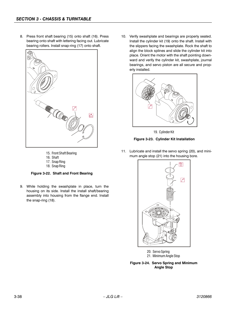 Shaft and front bearing -38, Cylinder kit installation -38, Servo spring and minimum angle stop -38 | JLG 601S Service Manual User Manual | Page 78 / 240