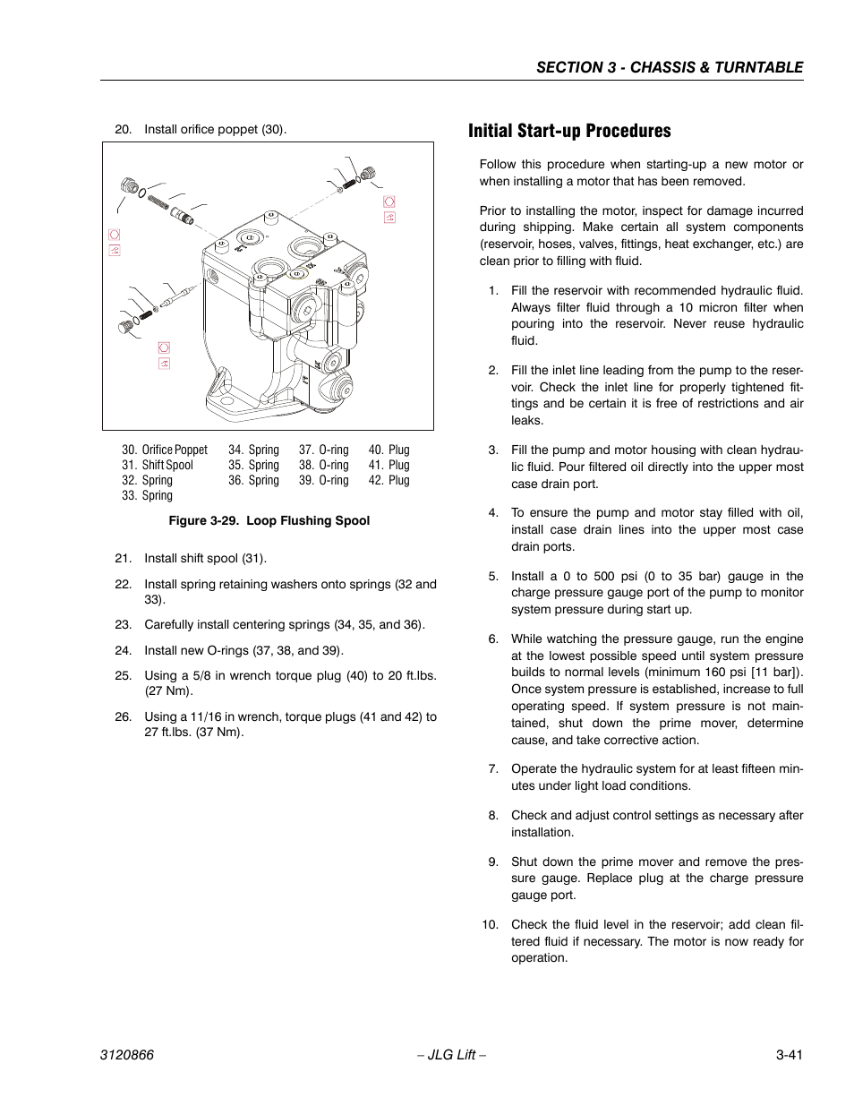 Initial start-up procedures, Initial start-up procedures -41, Loop flushing spool -41 | JLG 601S Service Manual User Manual | Page 81 / 240