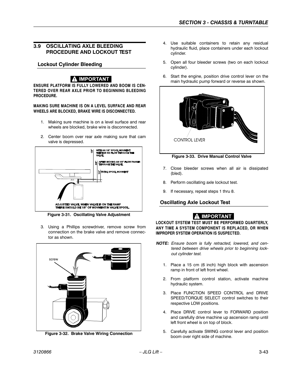 Lockout cylinder bleeding, Oscillating axle lockout test, Oscillating valve adjustment -43 | Brake valve wiring connection -43, Drive manual control valve -43 | JLG 601S Service Manual User Manual | Page 83 / 240