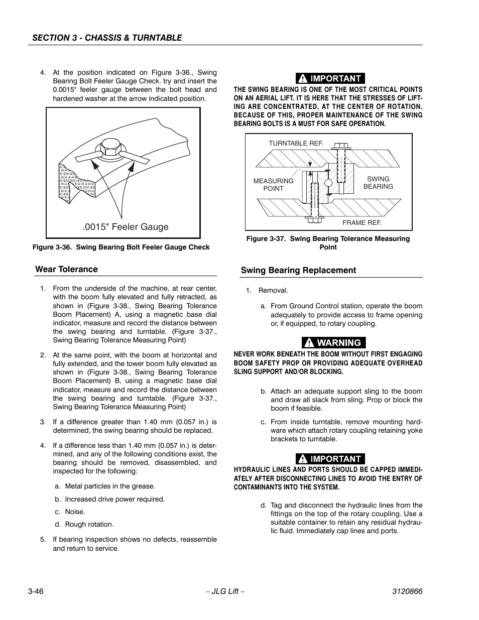 Wear tolerance, Swing bearing replacement, Wear tolerance -46 swing bearing replacement -46 | Swing bearing bolt feeler gauge check -46, Swing bearing tolerance measuring point -46, Figure 3-36., swing, Bearing bolt feeler gauge check, Bearing bolt feeler gauge check try and i, 0015" feeler gauge | JLG 601S Service Manual User Manual | Page 86 / 240