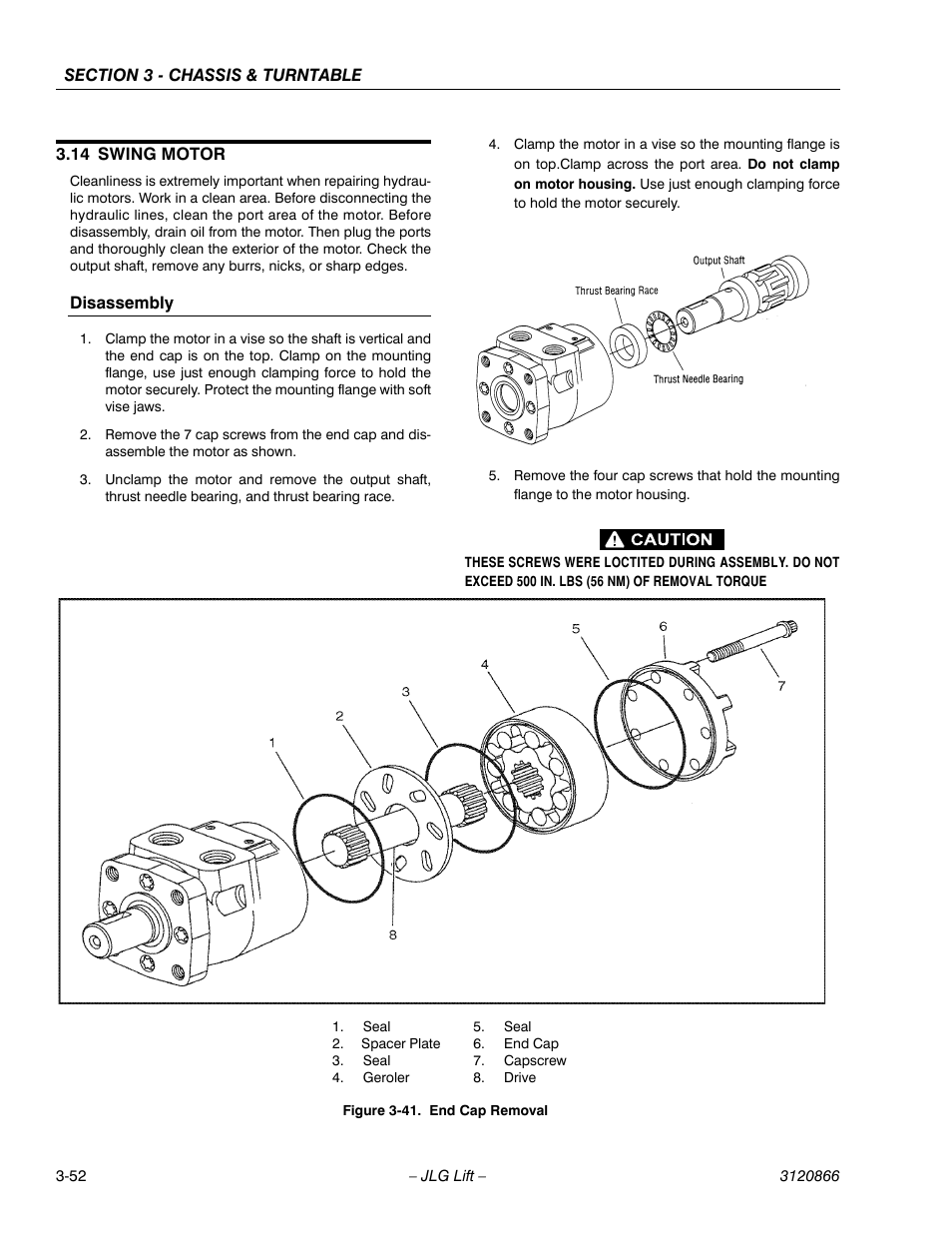 14 swing motor, Disassembly, Swing motor -52 | Disassembly -52, End cap removal -52 | JLG 601S Service Manual User Manual | Page 92 / 240