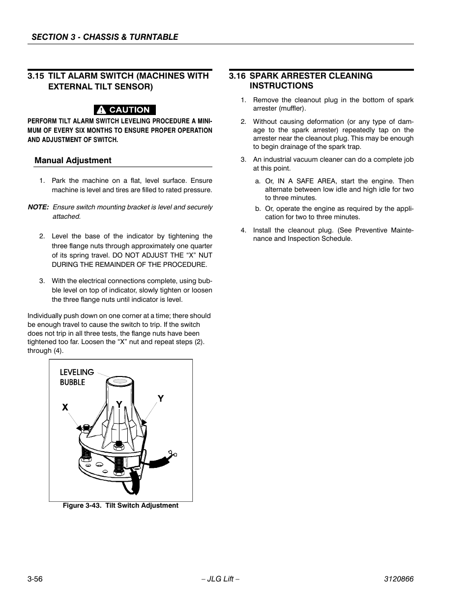 Manual adjustment, 16 spark arrester cleaning instructions, Manual adjustment -56 | Spark arrester cleaning instructions -56, Tilt switch adjustment -56 | JLG 601S Service Manual User Manual | Page 96 / 240