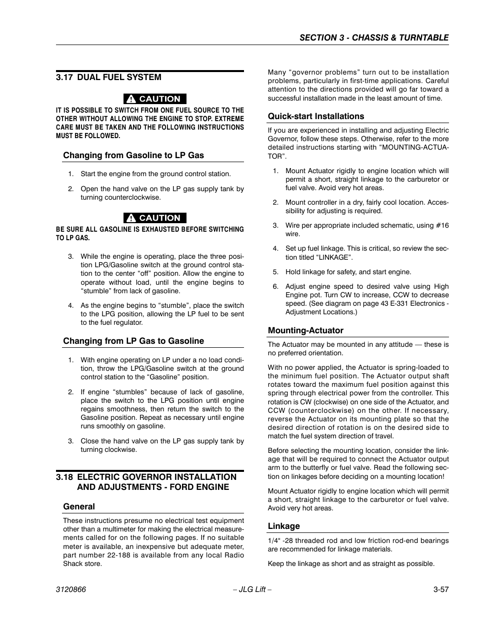 17 dual fuel system, Changing from gasoline to lp gas, Changing from lp gas to gasoline | General, Quick-start installations, Mounting-actuator, Linkage, Dual fuel system -57 | JLG 601S Service Manual User Manual | Page 97 / 240