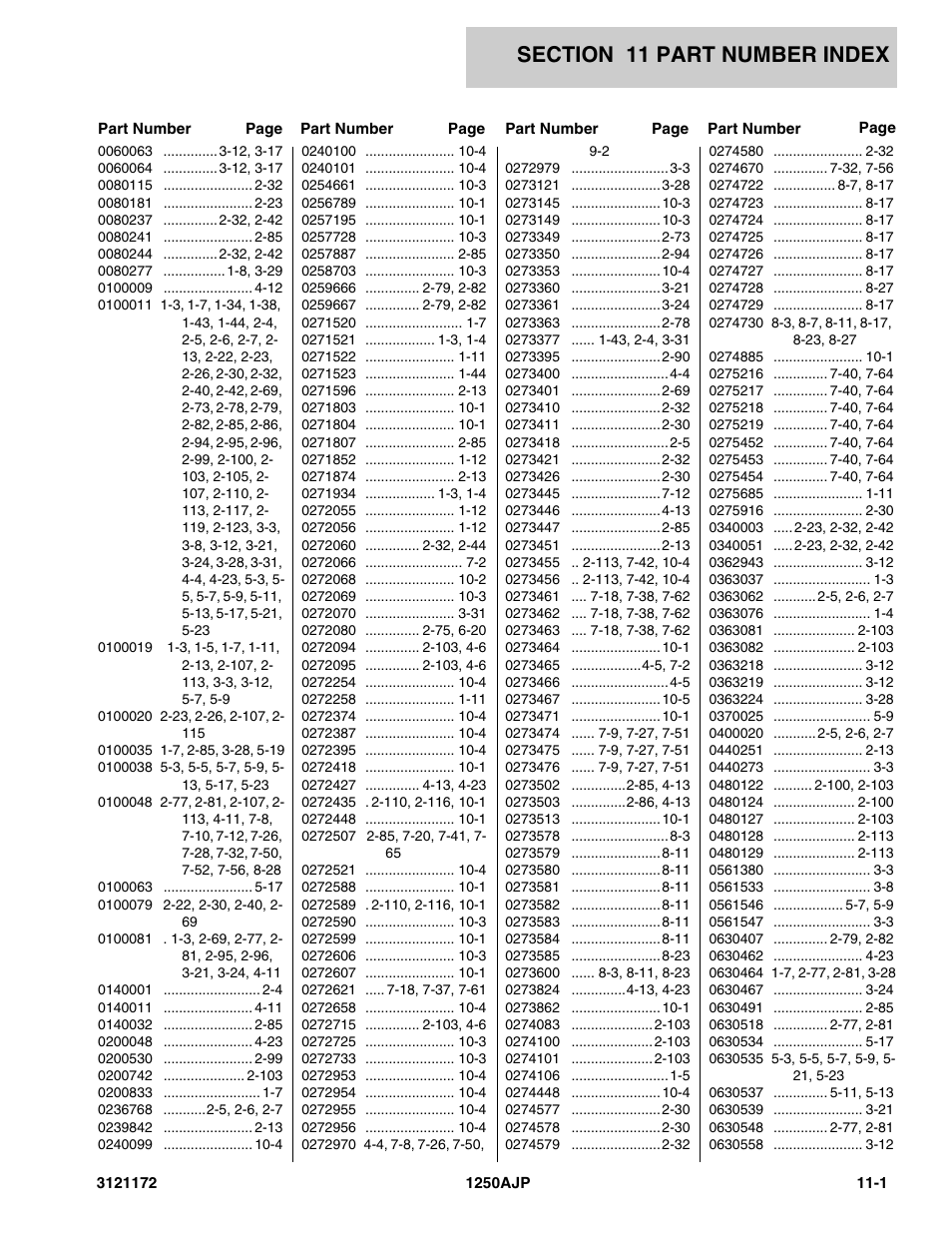 Section 11 part number index, 11 - part number index -1 | JLG 1250AJP Parts Manual User Manual | Page 389 / 406