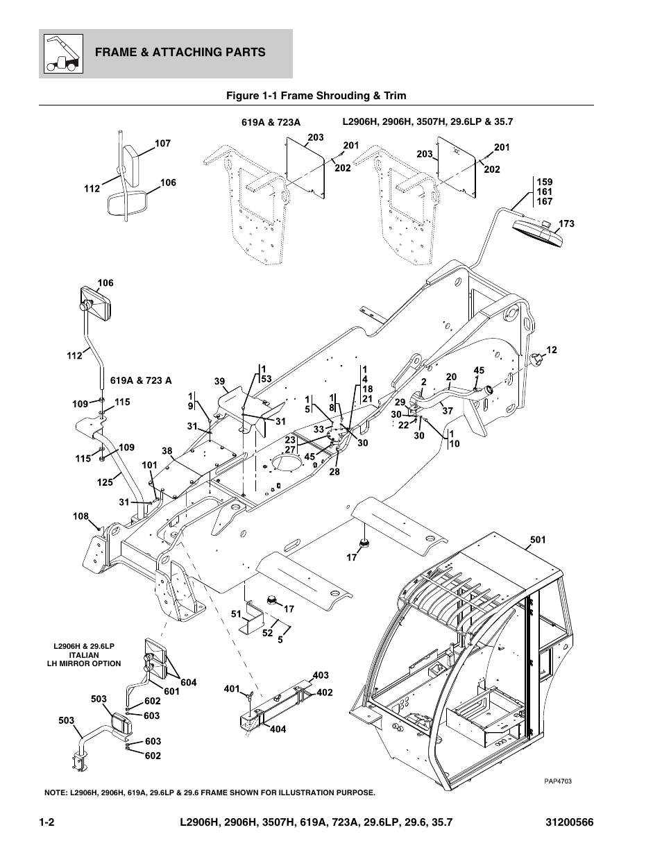 Figure 1-1 frame shrouding & trim, Frame shrouding & trim -2, Frame & attaching parts | JLG 723A Parts Manual User Manual | Page 10 / 364