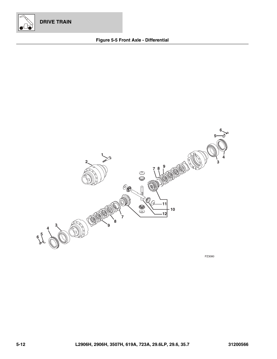 Figure 5-5 front axle - differential, Front axle - differential -12, Differential, (see figure 5-5 for details) | JLG 723A Parts Manual User Manual | Page 114 / 364