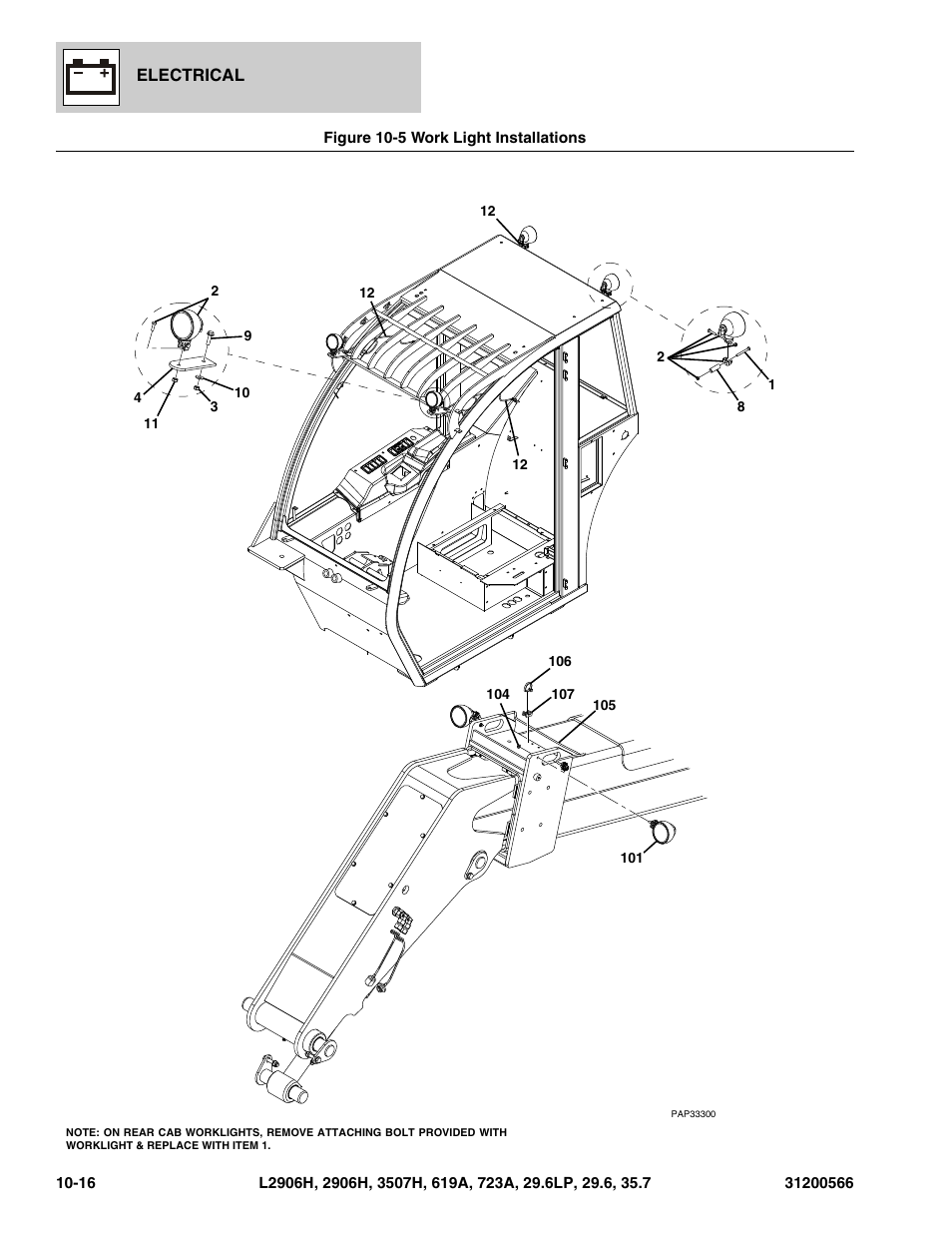 Figure 10-5 work light installations, Work light installations -16 | JLG 723A Parts Manual User Manual | Page 298 / 364