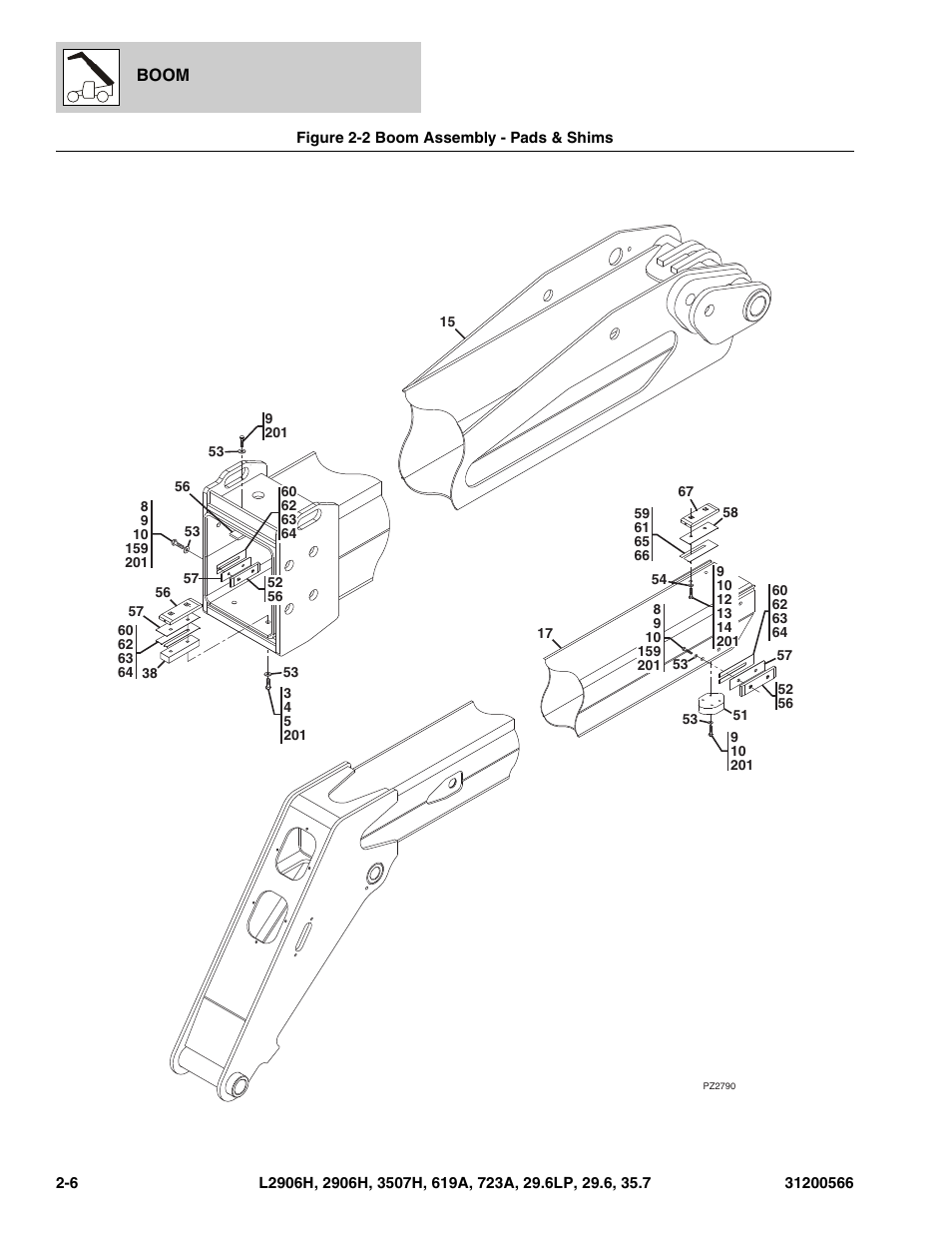 Figure 2-2 boom assembly - pads & shims, Boom assembly - pads & shims -6 | JLG 723A Parts Manual User Manual | Page 38 / 364
