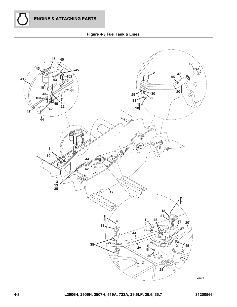 Figure 4-3 fuel tank & lines, Fuel tank & lines -8, See figure 4-3 for details) | Gr8.8, (see figure 4-3 for details), M12x30, gr8.8, (see figure 4-3 for details), Uge, (see figure 4-3 for details), X0.7, (see figure 4-3 for details), X1.25, (see figure 4-3 for details), Seal, (see figure 4-3 for details), T, (see figure 4-3 for details) | JLG 723A Parts Manual User Manual | Page 92 / 364