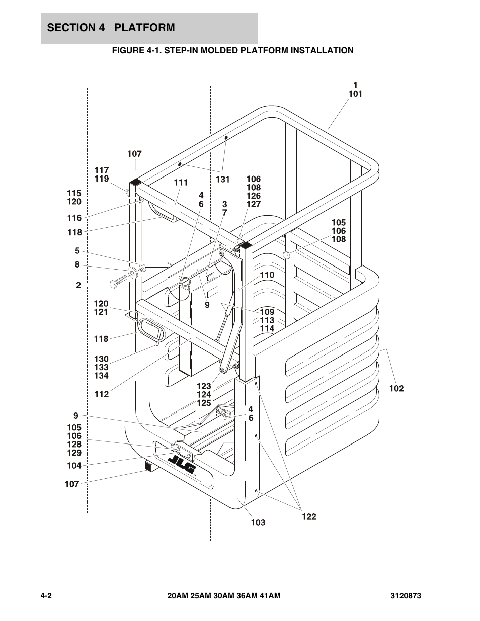 Figure 4-1. step-in molded platform installation | JLG 41AM (3120873-2013) Parts Manual User Manual | Page 112 / 180