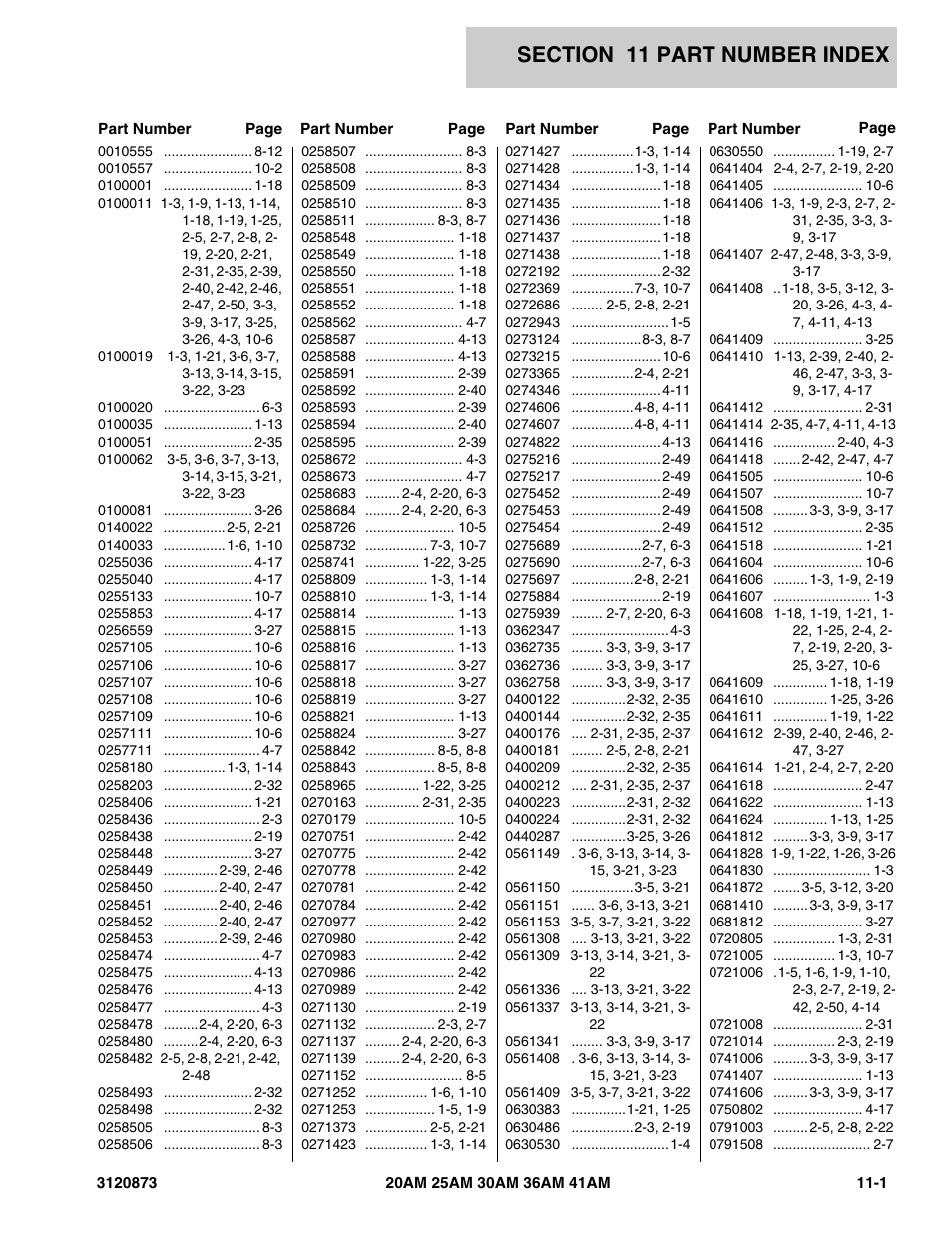 Section 11 part number index, 11 - part number index -1 | JLG 41AM (3120873-2013) Parts Manual User Manual | Page 173 / 180