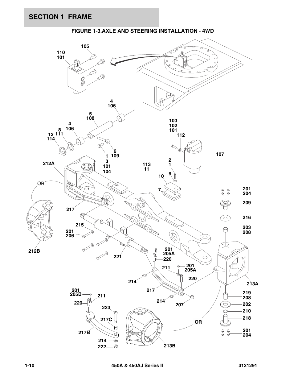 Figure 1-3. axle and steering installation - 4wd, Axle and steering installation - 4wd -10 | JLG 450A_AJ Series II Parts Manual User Manual | Page 18 / 312