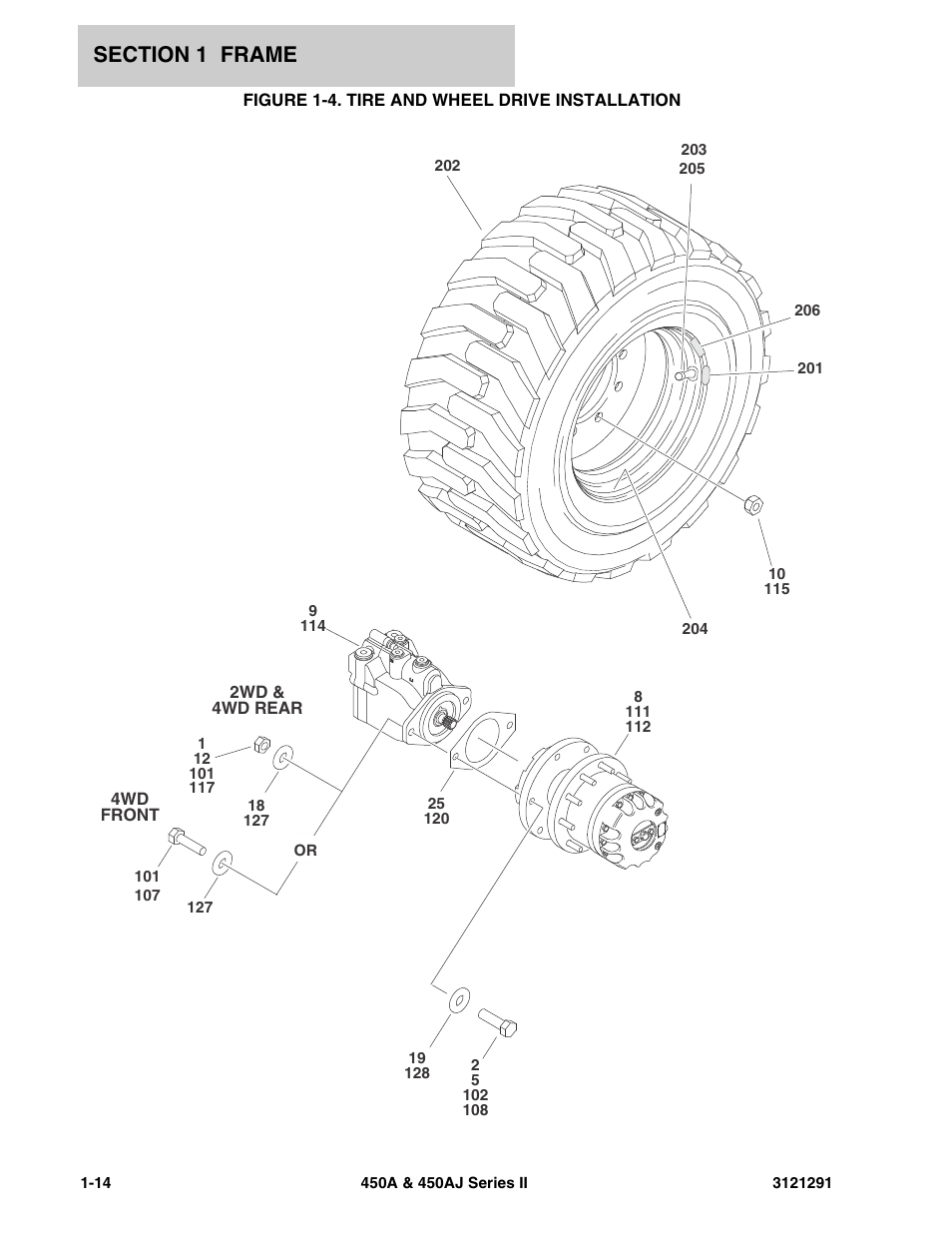 Figure 1-4. tire and wheel drive installation | JLG 450A_AJ Series II Parts Manual User Manual | Page 22 / 312