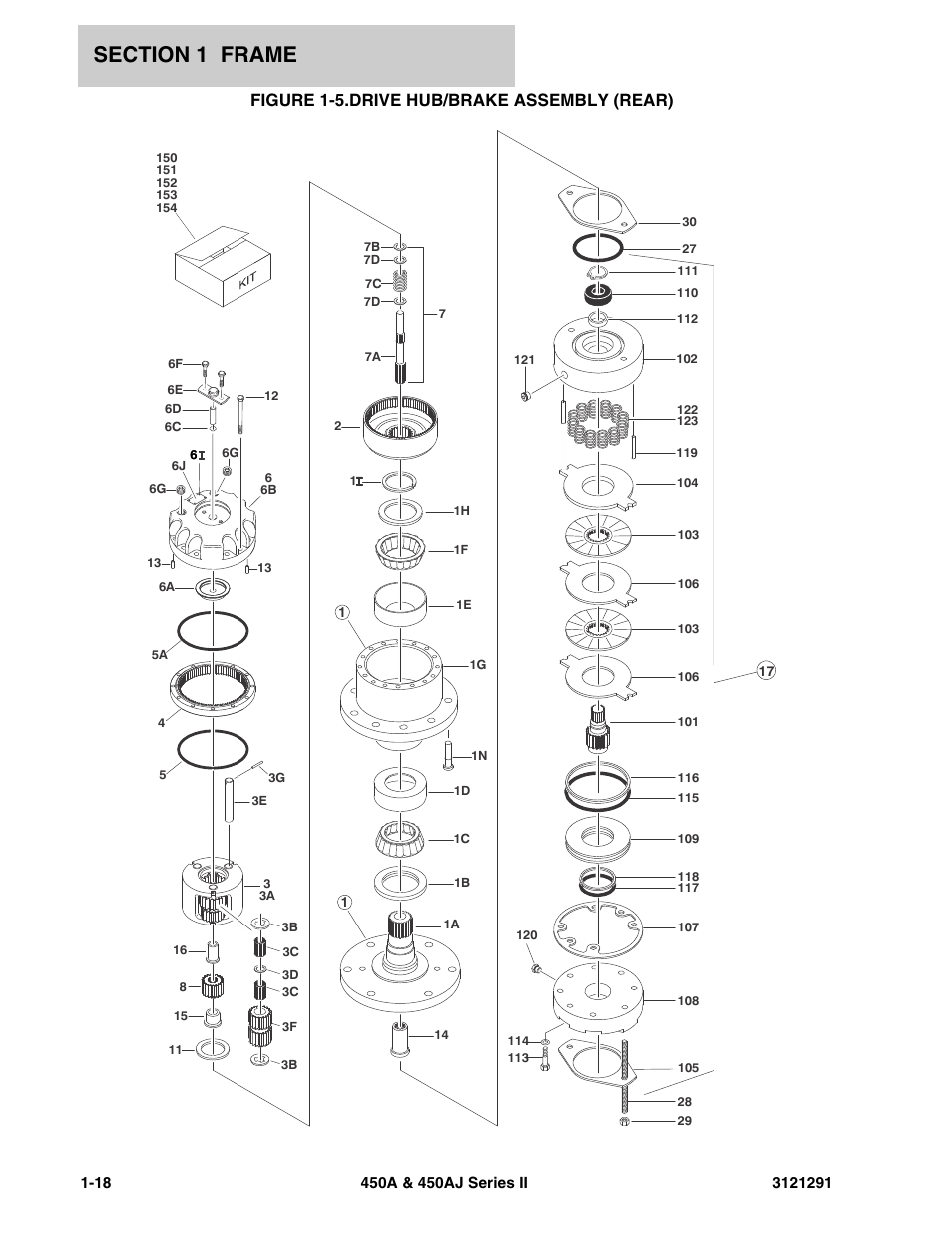 Figure 1-5. drive hub/brake assembly (rear), Drive hub/brake assembly (rear) -18, Figure 1-5.drive hub/brake assembly (rear) | JLG 450A_AJ Series II Parts Manual User Manual | Page 26 / 312