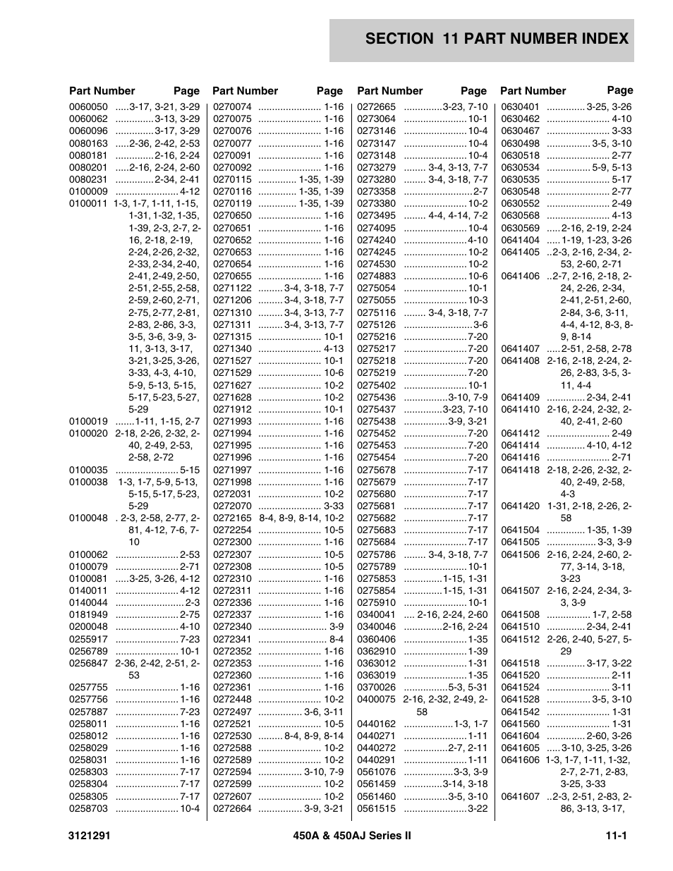 Section 11 part number index | JLG 450A_AJ Series II Parts Manual User Manual | Page 297 / 312