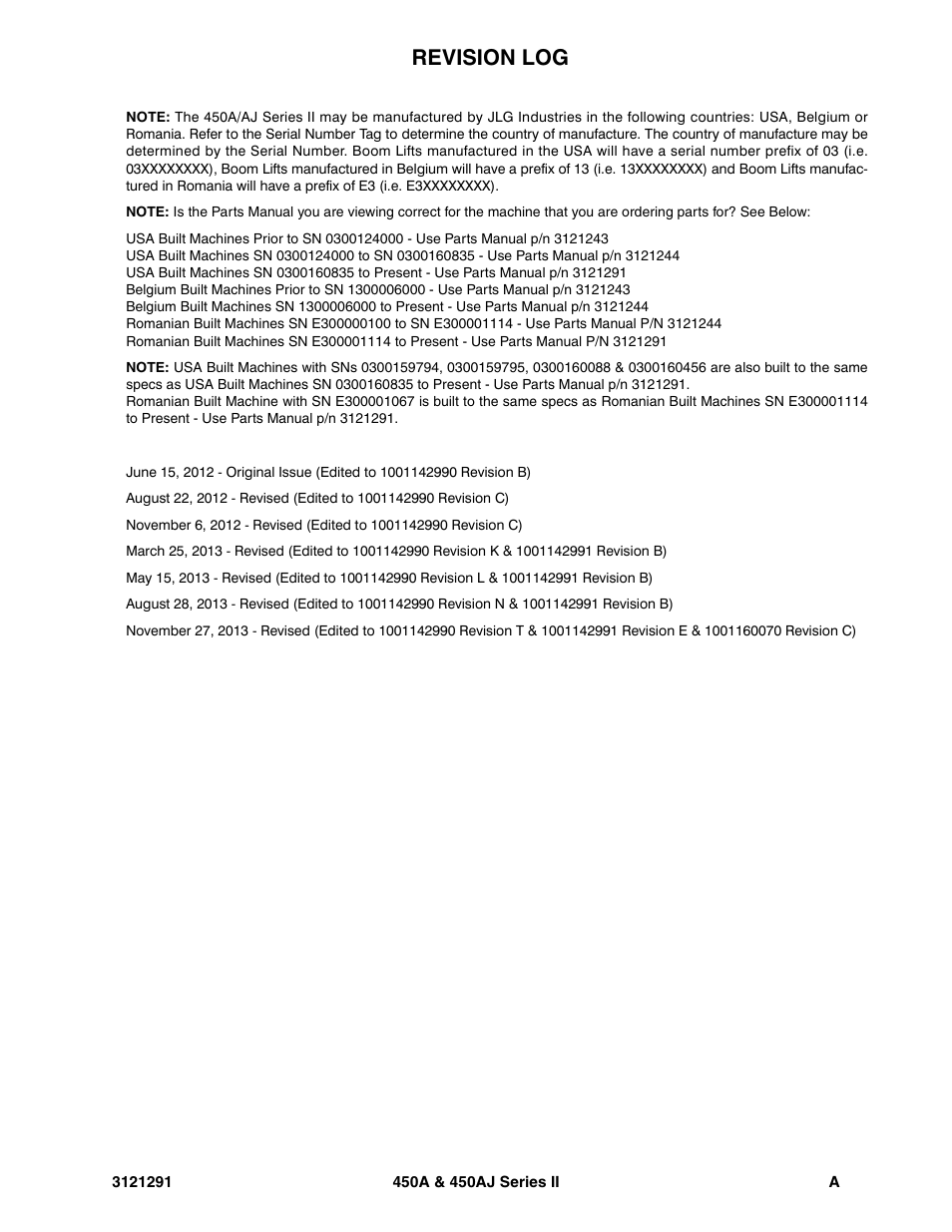Revision log | JLG 450A_AJ Series II Parts Manual User Manual | Page 3 / 312
